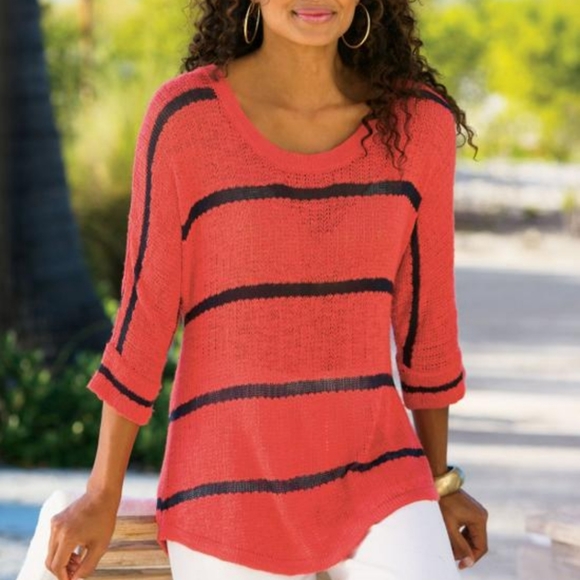 Soft Surroundings Sweaters - SOFT SURROUNDINGS Venice Red & Navy Stripe 3/4 Sleeve Pullover Sweater L